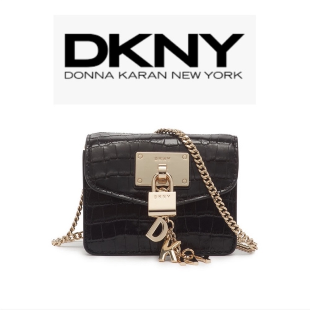 DKNY Black Elissa micro mini nano croc embossed bag NWT